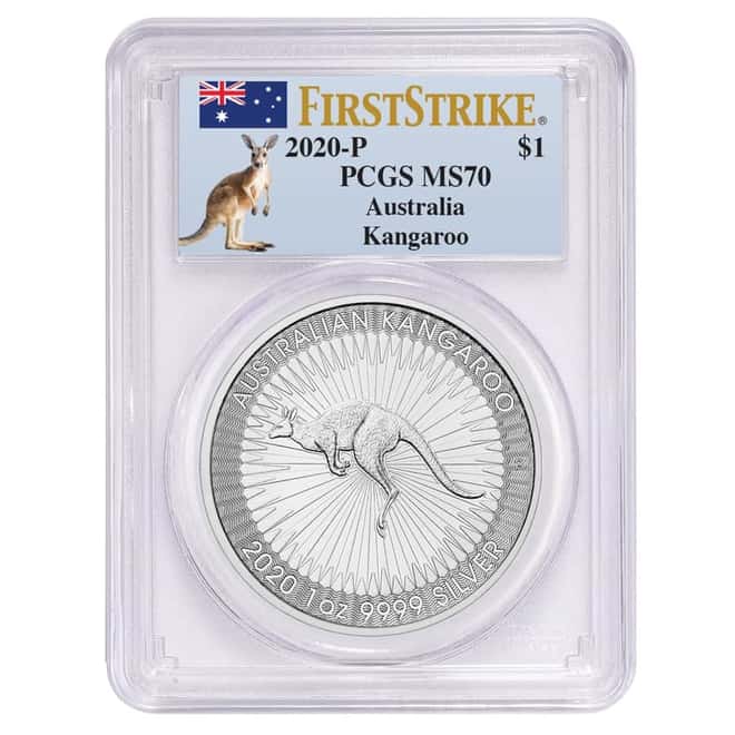 2020 1 oz Australian Silver Kangaroo Perth Mint PCGS MS 70 FS (Kangaroo Label Blue) 