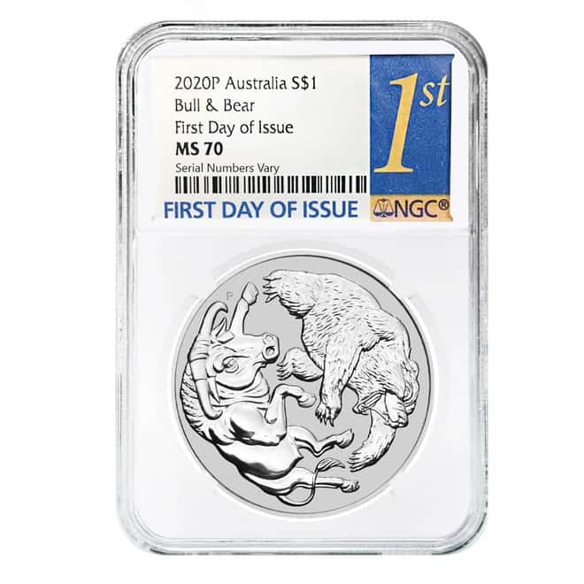 2020 1 oz Silver Australian Bull and Bear Coin Perth Mint NGC MS 70 FDOI
