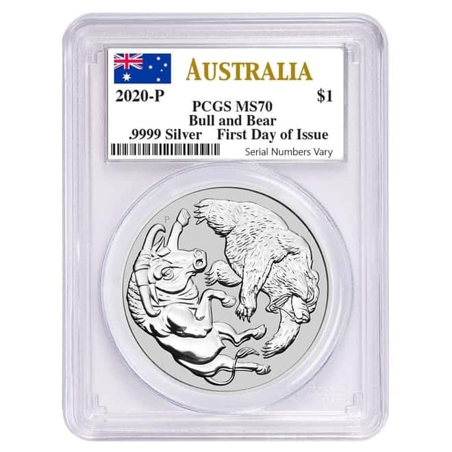2020 1 oz Silver Australian Bull and Bear Coin Perth Mint PCGS MS 70 FDOI 