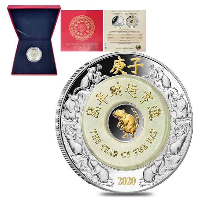 2020 2 oz Silver Lunar Year of The Mouse / Rat Jade Ring Coin Laos .999 Fine (w/Box & COA)