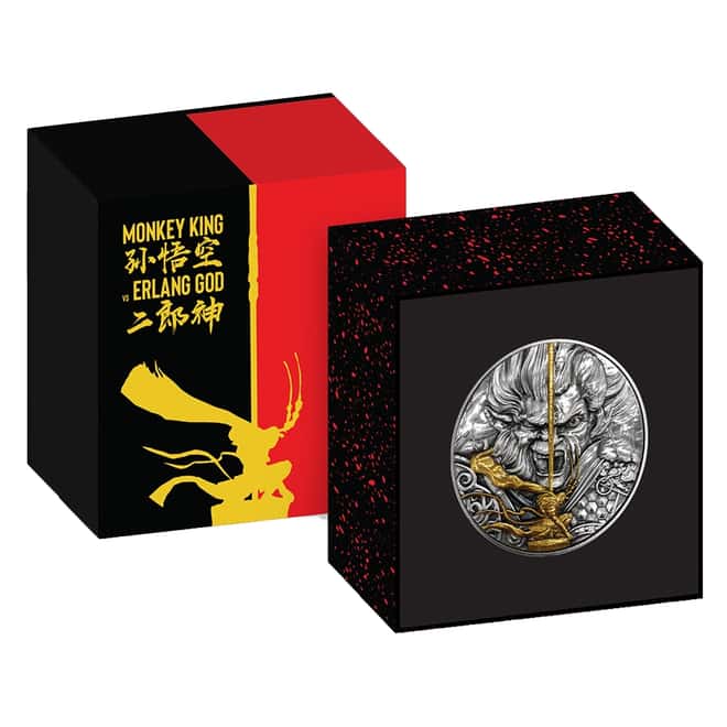 2020 2 oz Silver Niue Monkey King vs Erlang Shen - Chinese Gods Series Antiqued High Relief $5 Coin (w/Box & COA)