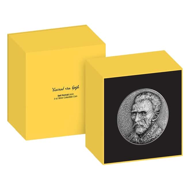 2020 2 oz Silver Vincent Van Gogh Self Portrait Antiqued High Relief $5 Coin (w/Box & COA)