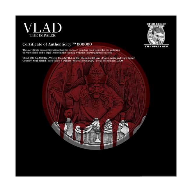 2020 2 oz Silver Niue Vlad The Impaler Antiqued High Relief $5 Coin (w/Box & COA) 