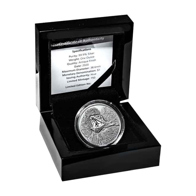 2020 Niue 1 oz Silver Frilled Neck Lizard Antiqued High Relief $1 Coin (w/Box & COA)