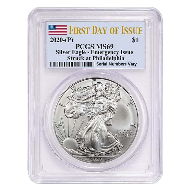 2020 (P) 1 oz Silver American Eagle PCGS MS 69 FDOI Emergency Issue