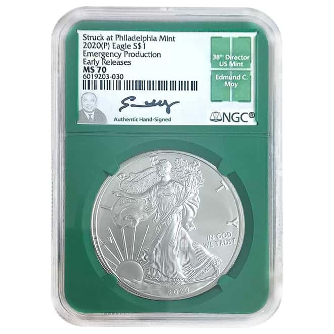 2020 (P) 1 oz Silver American Eagle NGC MS 70 ER Emergency Production (Moy)