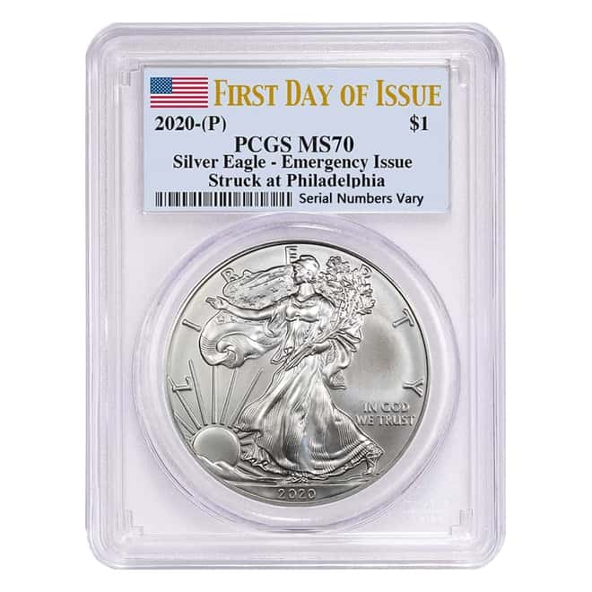 2020 (P) 1 oz Silver American Eagle PCGS MS 70 FDOI Emergency Issue