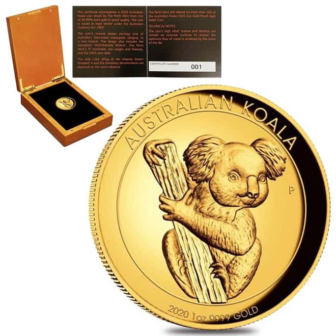 2020 P 2 oz Gold Australian Koala High Relief Perth Mint (w/Box & COA #001)