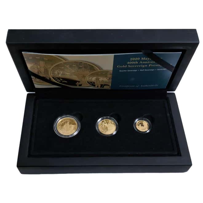 2020 Proof Mayflower 400th Anniversary Gold Sovereign Prestige 3-Coin Set (w/Box & COA)