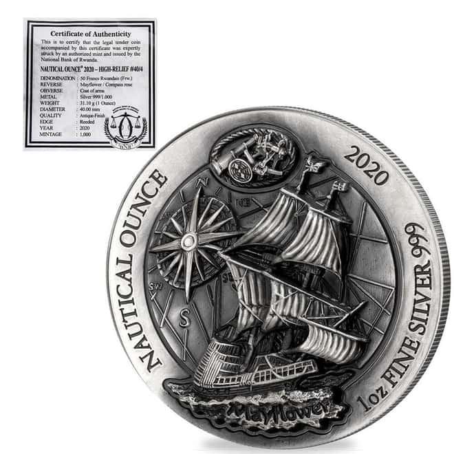 2020 Rwanda 1 oz Nautical Ounce Mayflower Antiqued Silver Coin