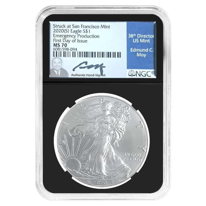 2020 (S) 1 oz Silver American Eagle NGC MS 70 FDOI Emergency Production (Moy)