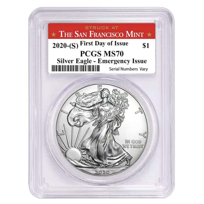 2020 (S) 1 oz Silver American Eagle $1 Coin PCGS MS 70 FDOI (SF Label) Emergency Issue