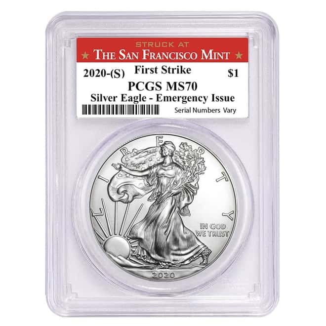 2020 (S) 1 oz Silver American Eagle $1 Coin PCGS MS 70 FS (SF Label) Emergency Issue