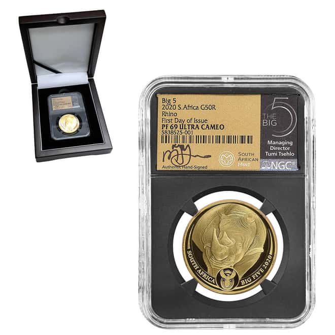 2020 South Africa 1 oz Proof Gold Big 5 Rhino NGC PF 69 FD Tumi Tsehlo (w/Box)