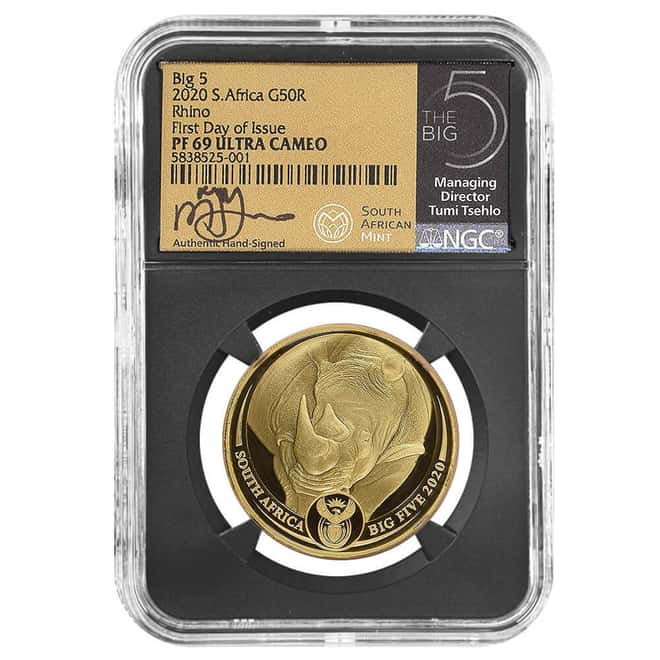 2020 South Africa 1 oz Proof Gold Big 5 Rhino NGC PF 69 FD Tumi Tsehlo (w/Box)