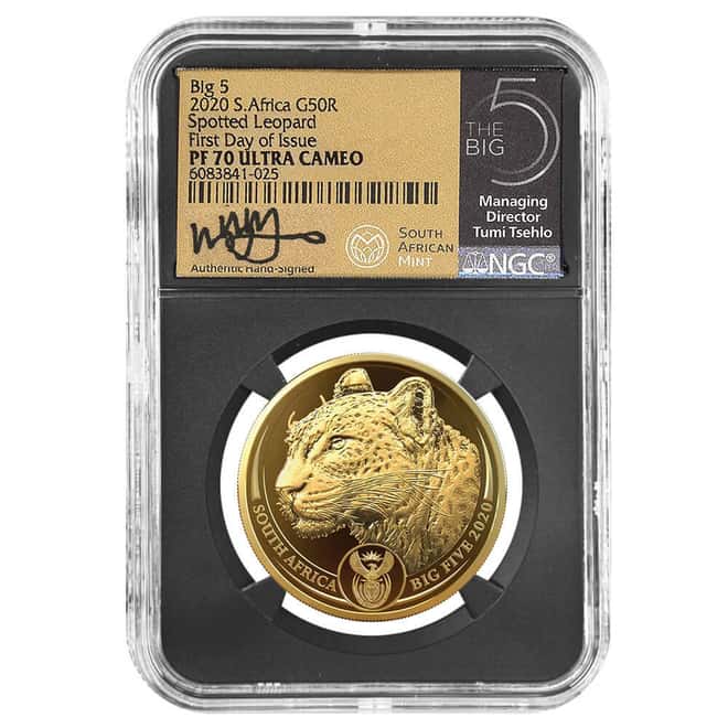 2020 South Africa 1 oz Proof Gold Big 5 Spotted Leopard NGC PF 70 FD Tumi Tsehlo (w/Box)