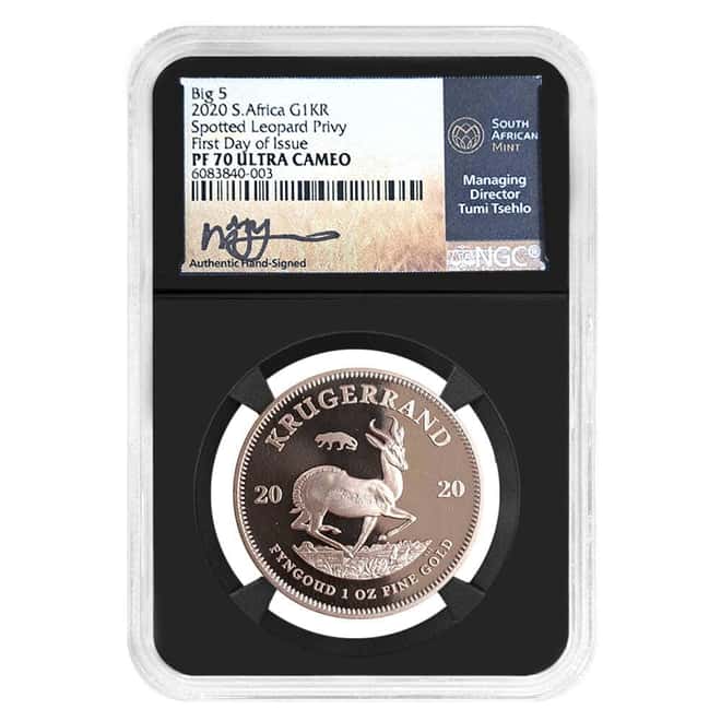 2020 South Africa 1 oz Proof Gold Krugerrand Big 5 Leopard Privy NGC PF 70 FD Tumi Tsehlo