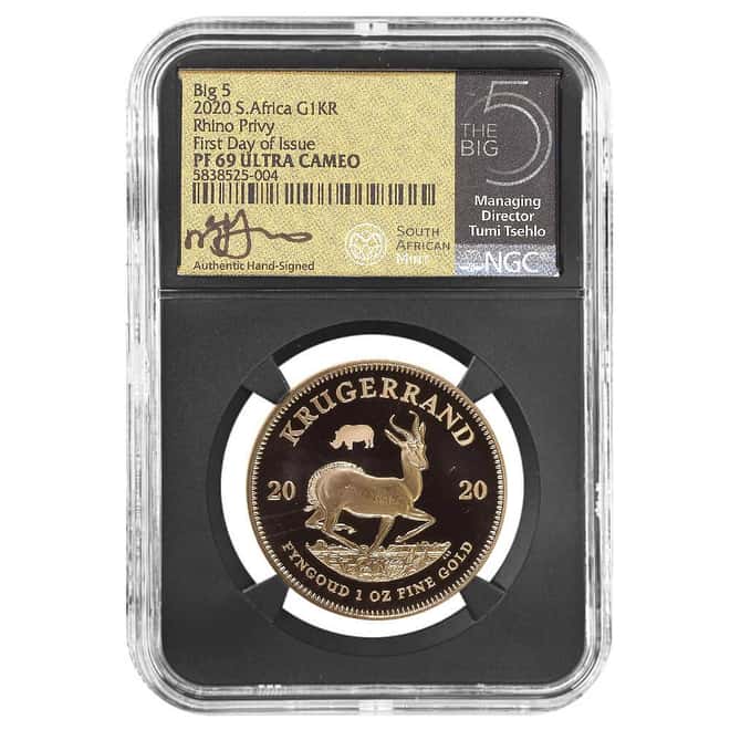 2020 South Africa 1 oz Proof Gold Krugerrand Big 5 Rhino Privy NGC PF 69 FD Tumi Tsehlo (w/Box)