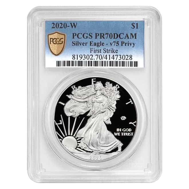 2020-W V75 Privy 1 oz Proof Silver American Eagle PCGS PF 70 FS End of WWII 75th Anniv