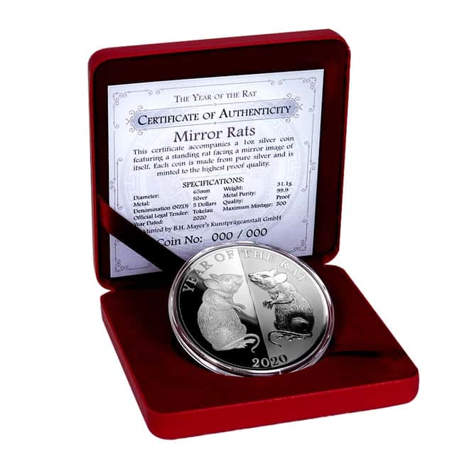 2020 Tokelau 1 oz Silver Lunar Year of The Rat - Mirror Rats Proof Coin (w/Box & COA)