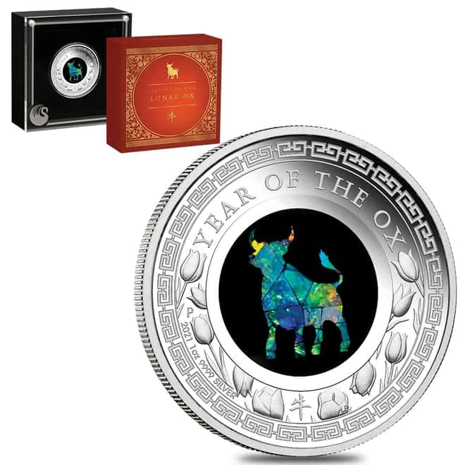 2021 1 oz Proof Silver Lunar Year of the Ox Opal Coin Australian Perth Mint (w/Box & COA)