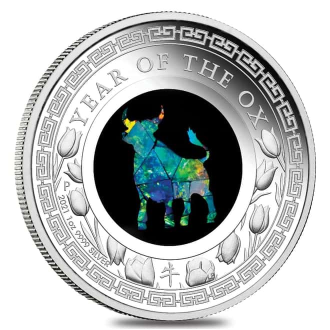 2021 1 oz Proof Silver Lunar Year of the Ox Opal Coin Australian Perth Mint (w/Box & COA)