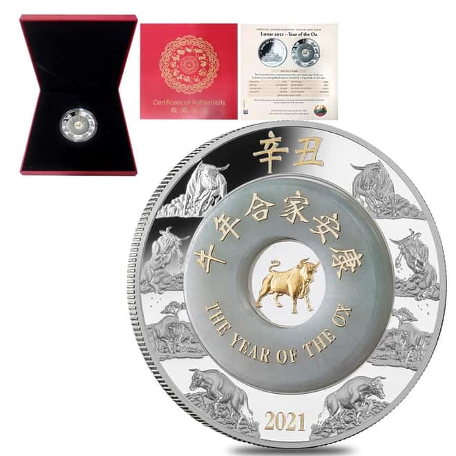 2021 2 oz Silver Lunar Year of The Ox Jade Ring Coin Laos .999 Fine (w/Box & COA)