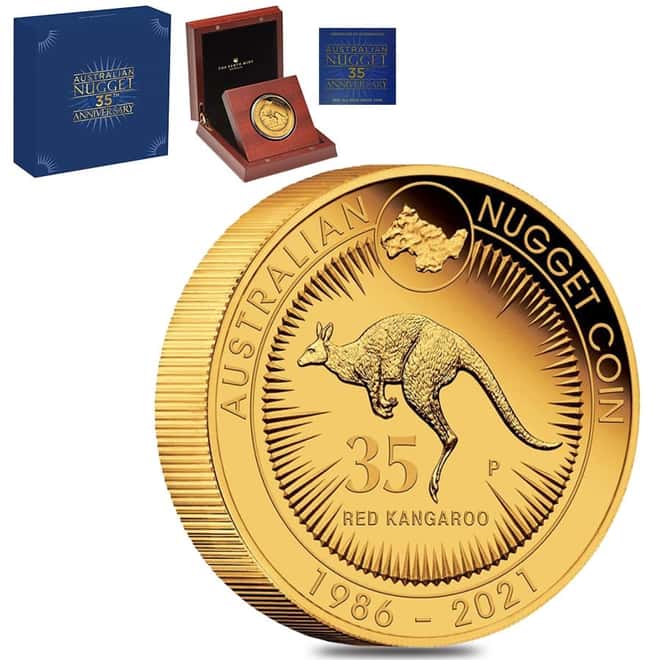 2021 5 oz Proof Gold Australian Kangaroo Nugget 35th Ann Perth Mint Coin .9999 Fine (w/Box & COA)