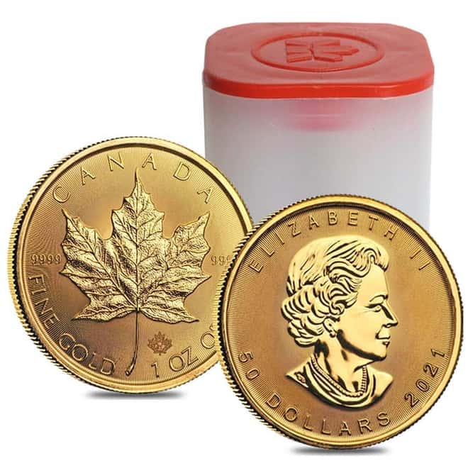 Roll of 10 - 2021 1 oz Canadian Gold Maple Leaf $50 Coin .9999 Fine BU (Lot,Tube of 10)