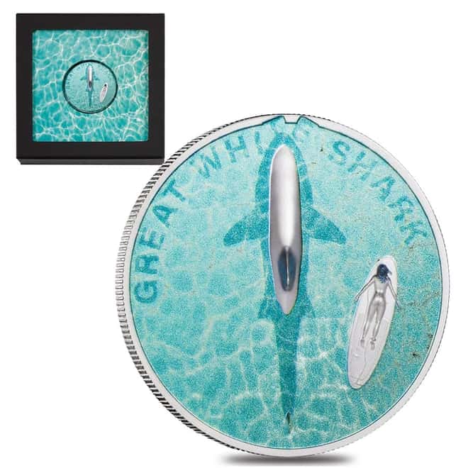 2021 1 oz Proof Silver Great White Shark Palau Coin .999 Fine (w/Box & COA)