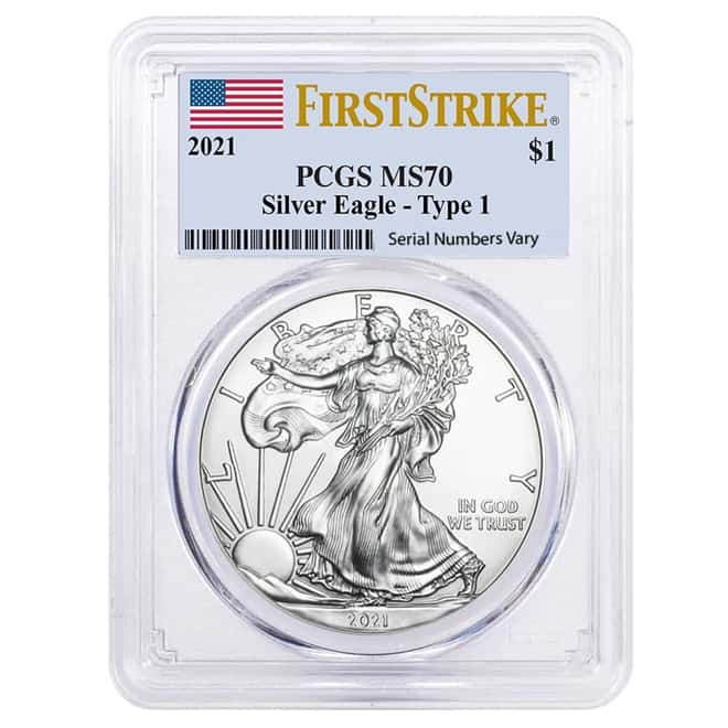 2021 1 oz Silver American Eagle $1 Coin PCGS MS 70 First Strike (Flag Label)