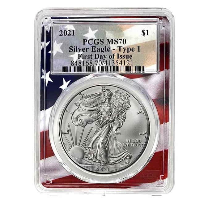 2021 1 oz Silver American Eagle $1 Coin PCGS MS 70 FDOI (American Flag Holder)
