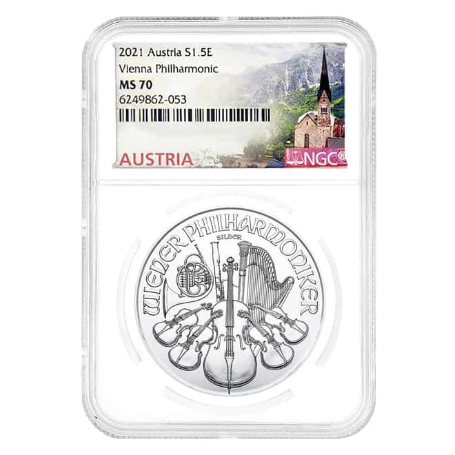 2021 1 oz Silver Austrian Vienna Philharmonic NGC MS 70