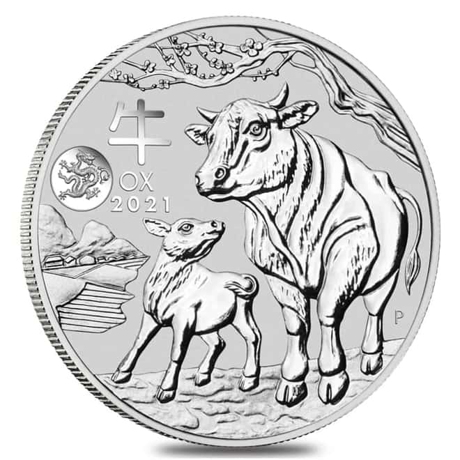 Box of 100 - 2021 1 oz Silver Lunar Year of The Ox Dragon Privy BU Australian Perth Mint In Cap (5 Rolls, Lot of 100)