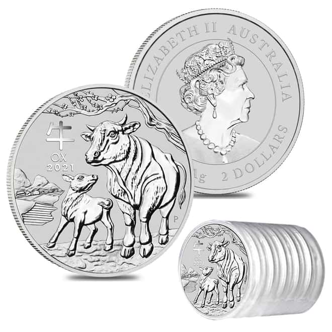 2021 2 oz Silver Lunar Year of The Ox BU Australian Perth Mint In Cap