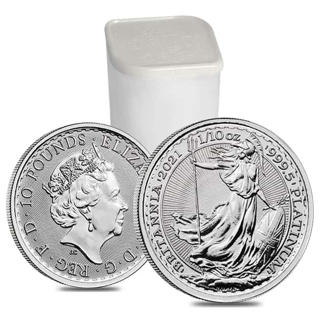 Roll of 25 - 2021 Great Britain 1/10 oz Platinum Britannia Coin .9995 Fine BU (Lot,Tube of 25)