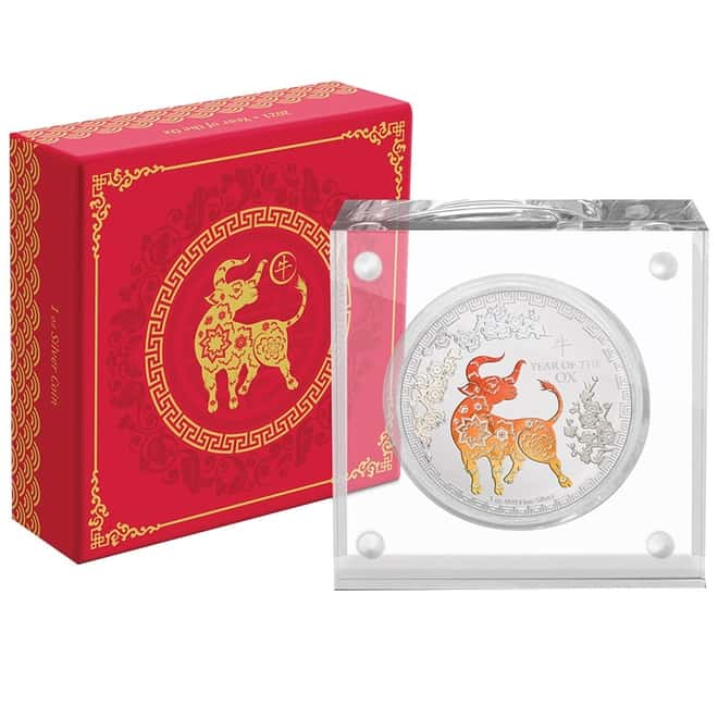 2021 Niue 1 oz Proof Colorized Lunar Year of the Ox $2 Silver Coin (w/Box & COA)