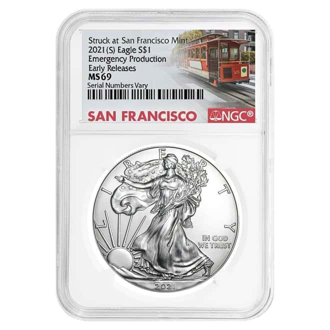 2021 (S) 1 oz Silver American Eagle $1 Coin NGC MS 69 ER (Trolley Label) Emergency Production