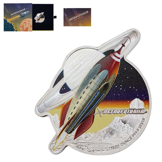2021 Solomon Islands 1 oz Retrofuturism Rocket Shaped Silver Coin .9999 Fine (w/Box & COA)