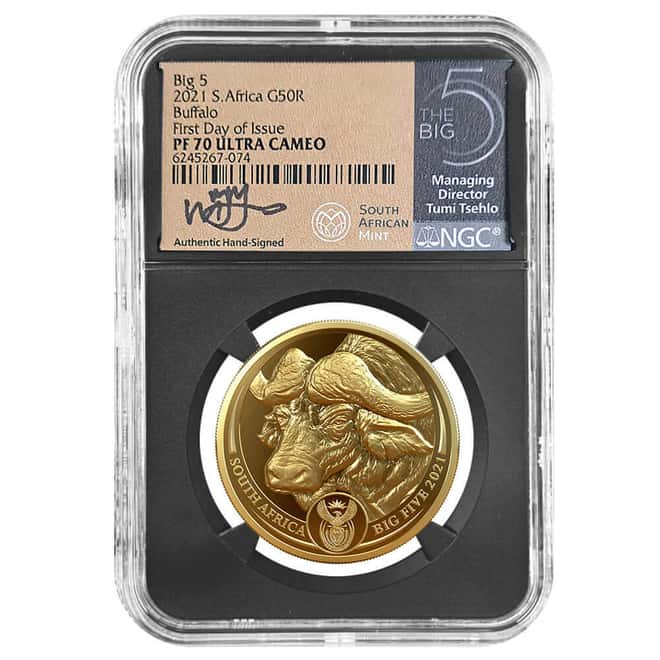 2021 South Africa 1 oz Proof Gold Big 5 Buffalo NGC PF 70 FD Tumi Tsehlo (w/Box)