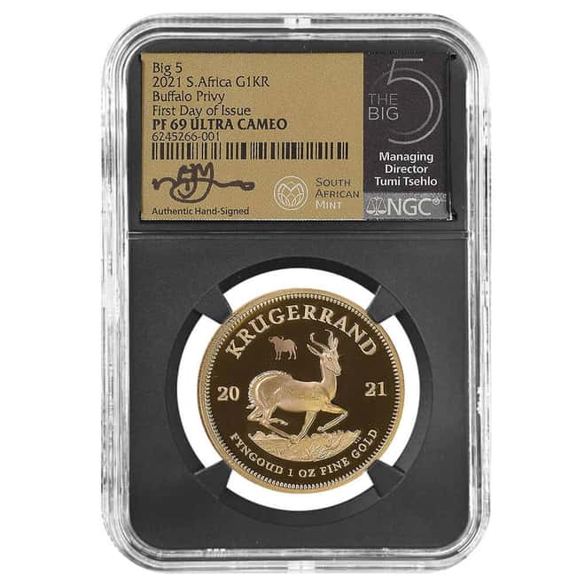 2021 South Africa 1 oz Proof Gold Krugerrand Big 5 Buffalo Privy NGC PF 69 FD Tumi Tsehlo (w/Box)