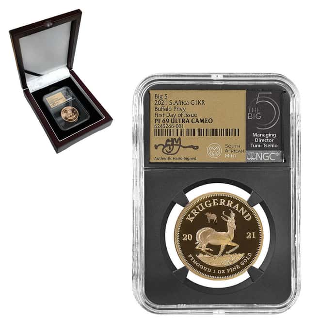 2021 South Africa 1 oz Proof Gold Krugerrand Big 5 Buffalo Privy NGC PF 69 FD Tumi Tsehlo (w/Box)