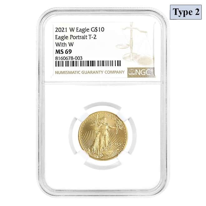 2021-W 1/4 oz Gold American Eagle Type 2 With W NGC MS 69