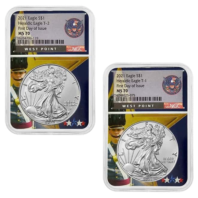 2021 (W) 1 oz Silver American Eagle T-1 & T-2 2-Coin Set NGC MS 70 FDOI (West Point Holder)
