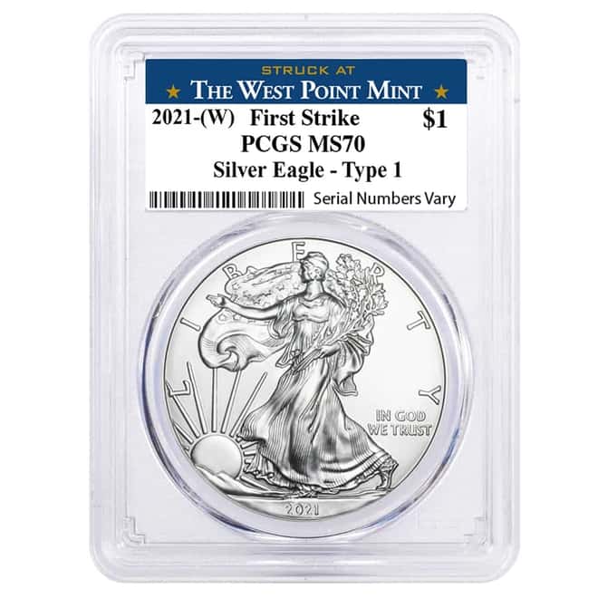 2021 (W) 1 oz Silver American Eagle $1 Coin PCGS MS 70 First Strike (West Point)