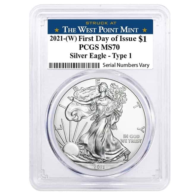 2021 (W) 1 oz Silver American Eagle $1 Coin PCGS MS 70 FDOI (West Point)