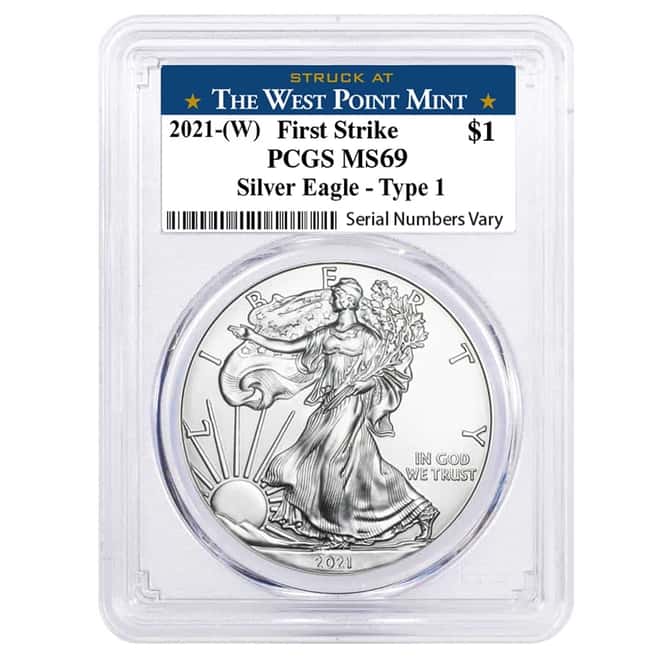 2021 (W) 1 oz Silver American Eagle $1 Coin PCGS MS 69 First Strike (West Point)