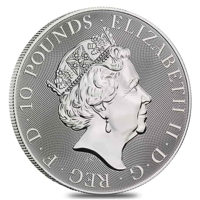 2021 Great Britain 10 oz Silver Queen's Beasts White Lion of Mortimer Coin .9999 Fine BU In Cap 