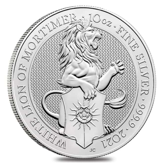 2021 Great Britain 10 oz Silver Queen's Beasts White Lion of Mortimer Coin .9999 Fine BU In Cap 