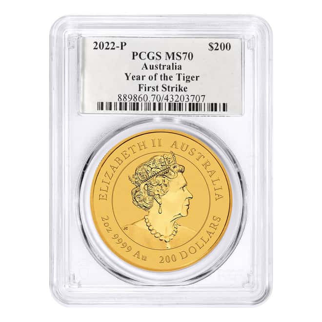 2022 2 oz Gold Lunar Tiger Australia Perth Mint PCGS MS 70 FS